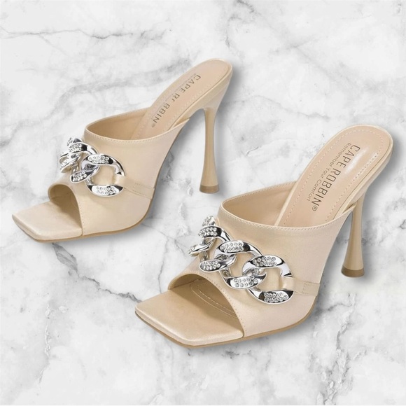 🆕Sexy Satin Stilettos Cream Mules with Rhinestone Embellishment - Picture 3 of 14